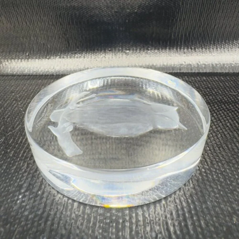 Val Saint Lambert Intaglio‎ Perched Owl Glass Paperweight Signed Clear Crystal